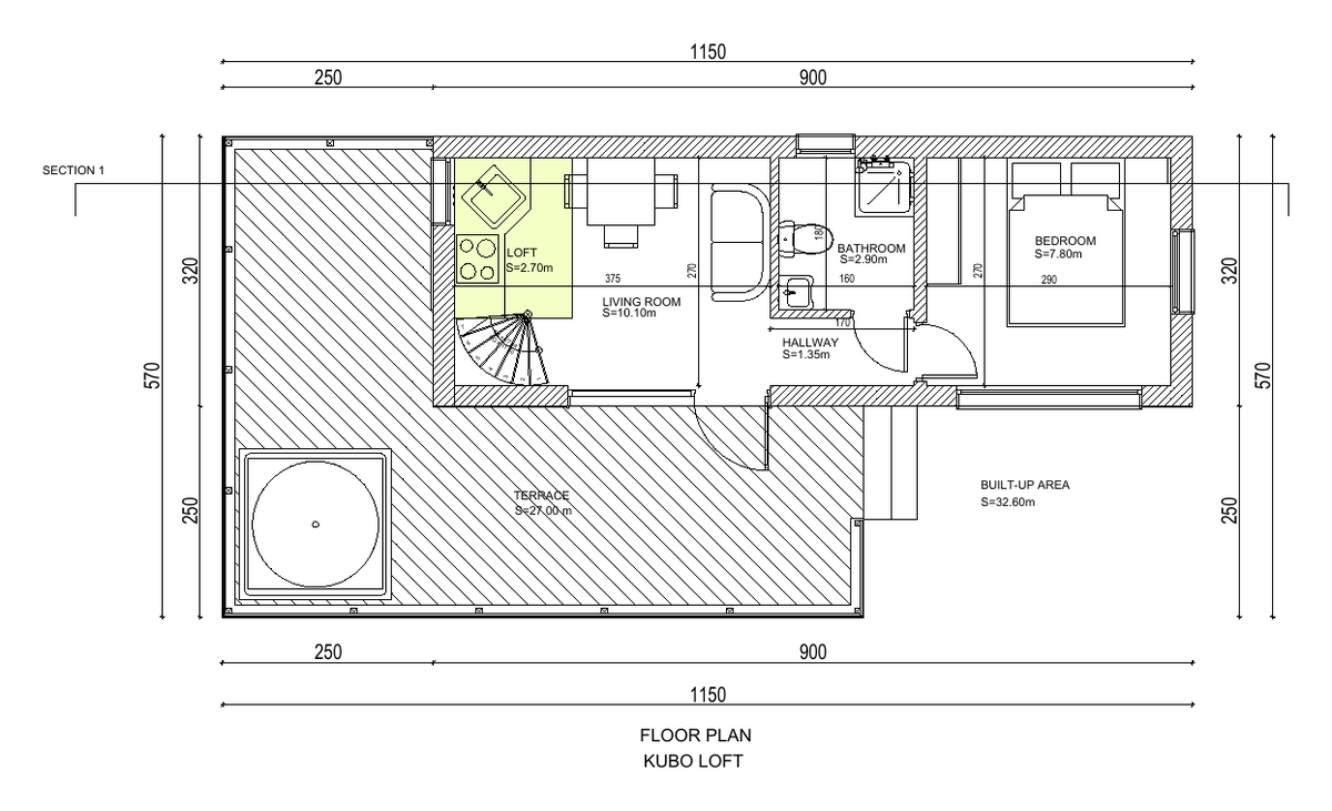 Plano Kubo Loft 33 m²