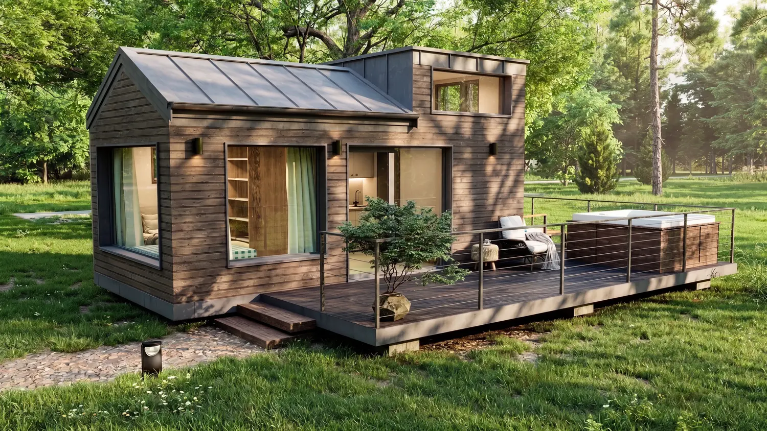 Kubo Loft Mini — exterior con revestimiento de madera y terraza